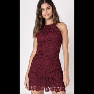 Love Poem Burgundy Lace Halter Mini Dress